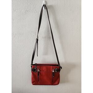 Tignanello Red Brown Leather Multi Pockets Crossbody Bag w Zip And Snap